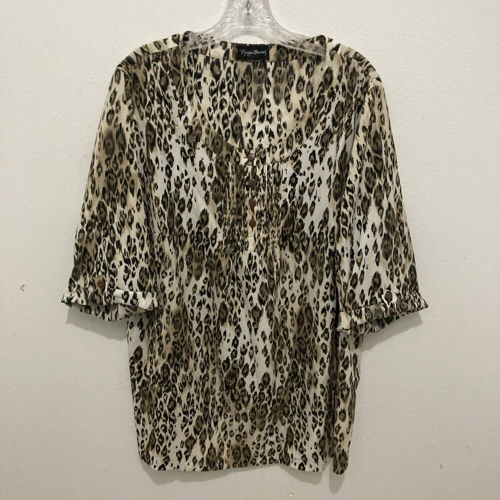 MAGGIE BARNES white black tan animal pint roll tab sleeves top 46" bust